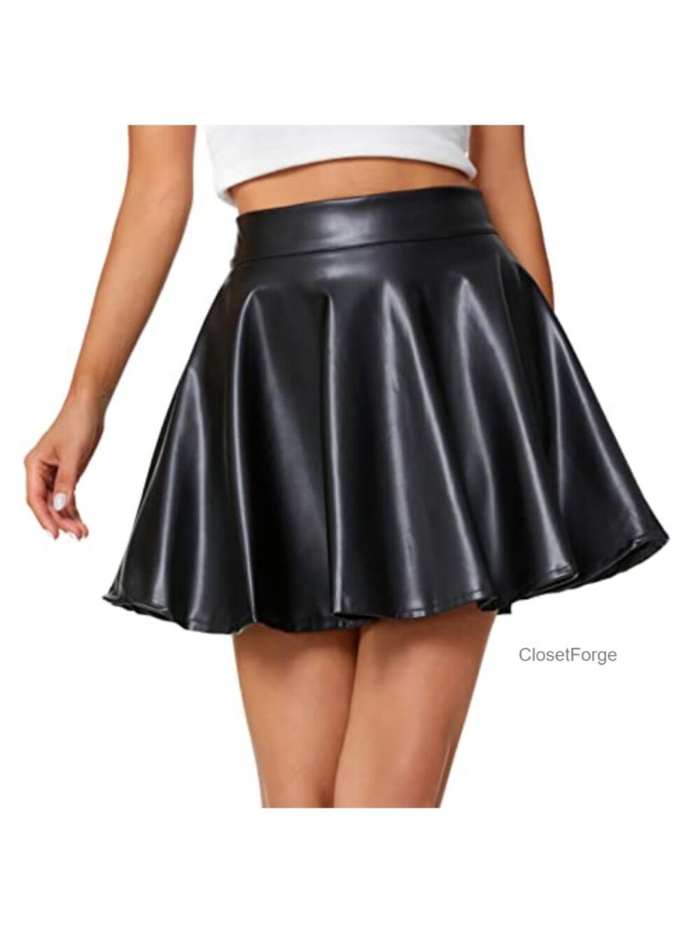 Faux Leather Mini Skater Skirt High Waist Back Zip